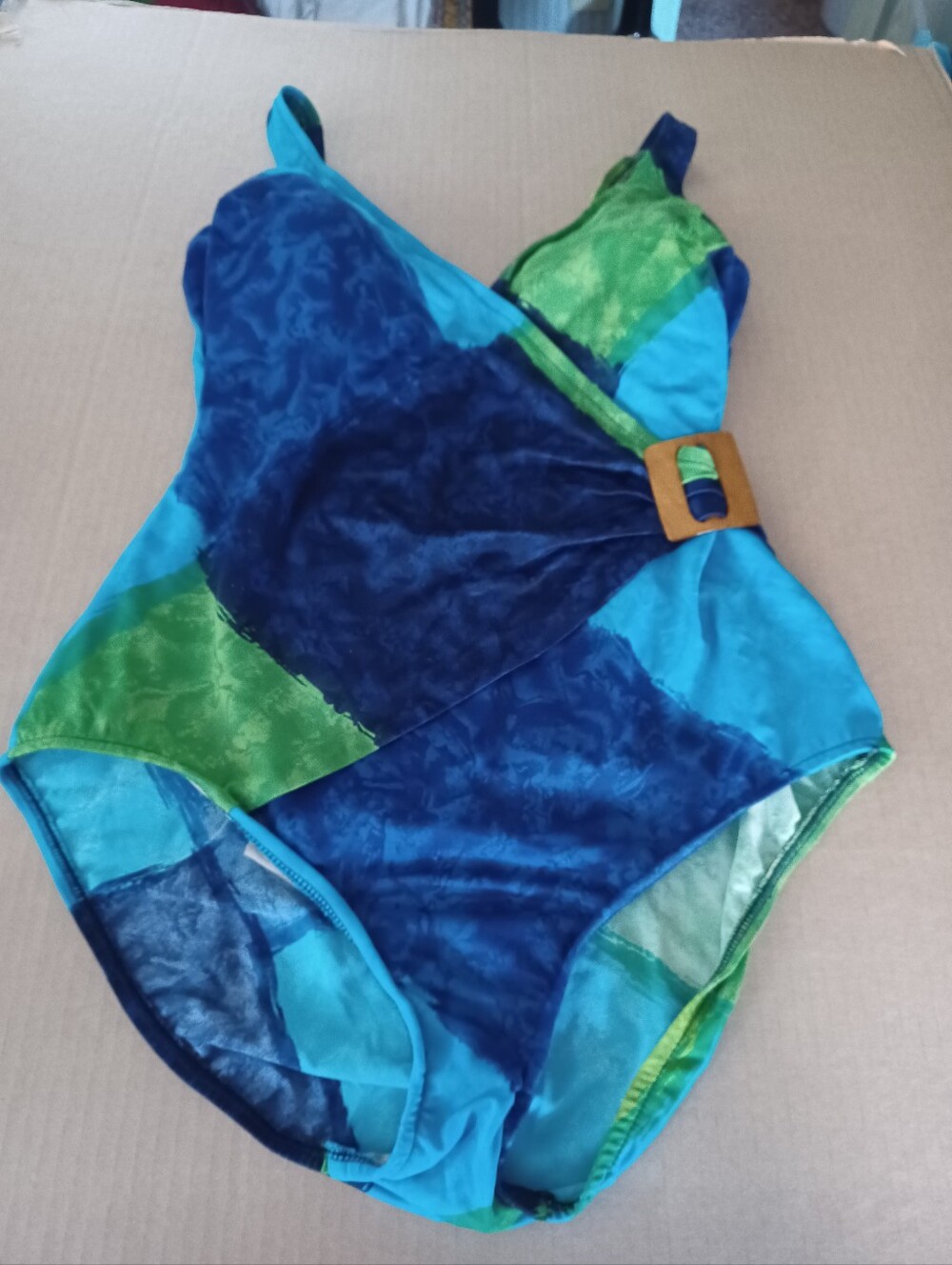 Longitude One Piece Swimsuit Womens Size 16T Blue Green Colorblock Wrap